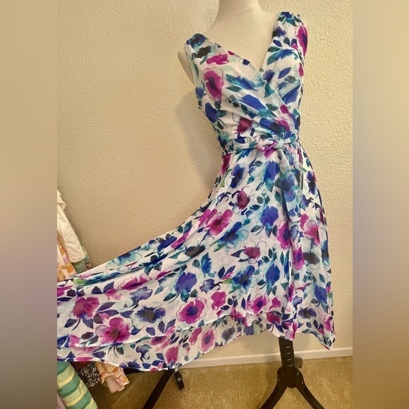 NWT DKNY Belted Floral Hi Low Hem Sheer Lined Sleeveless Dress Size 2 - Picture 10 of 11